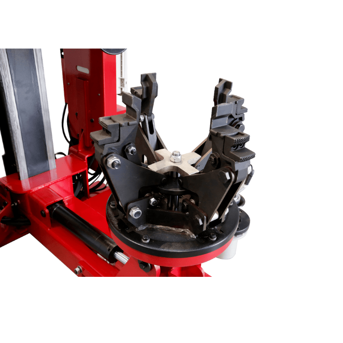 Closeup view of the tire holder on the Katool TV910 Hydraulic Truck Tire Changer