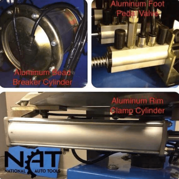 Collage of the Triumph NTC-950 Ultra-durable Changer highlighting its aluminum bead breaker cylinder, foot pedal valve, and rim clamp cylinder for reliable tire service.