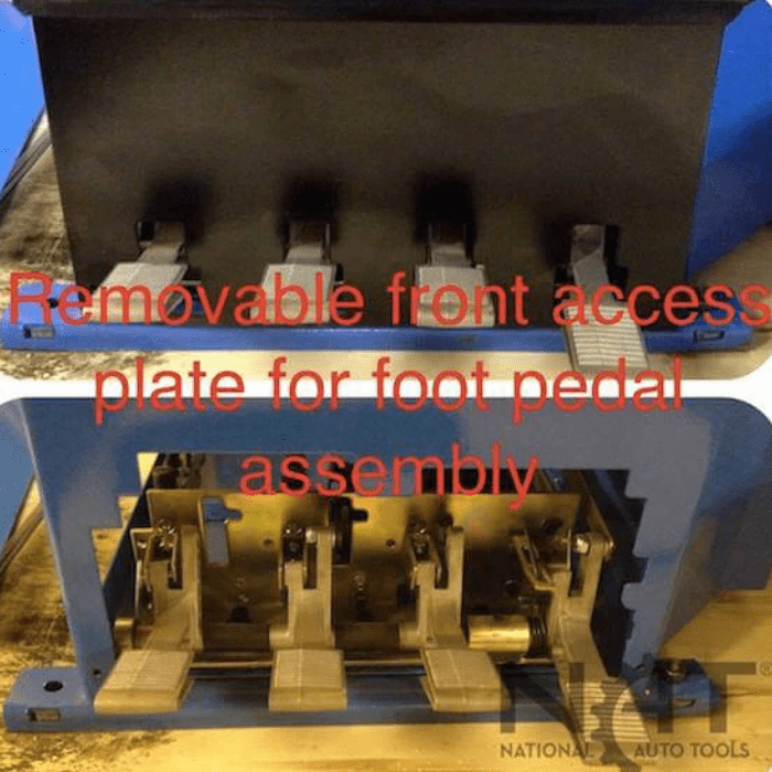 Collage showing the Triumph NTC-950 Ultra-durable Changer’s removable front access plate, exposing the foot pedal assembly for easy maintenance.