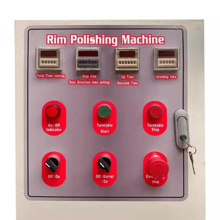 Control panel of the Katool KT-RPM80 Professional Rim Polishing Machine showing timers, start and stop buttons, and emergency stop functionality.
