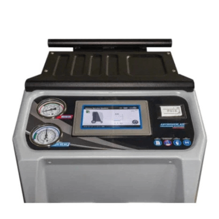Control panel of the Katool R-134A Dual A-C Machine featuring analog pressure gauges, touchscreen interface, and built-in thermal printer.