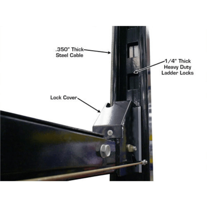 Detailed image of the Atlas PRO8000EXT's lifting column featuring a .350 inch steel cable and heavy-duty ladder locks for secure engagement at every height.
