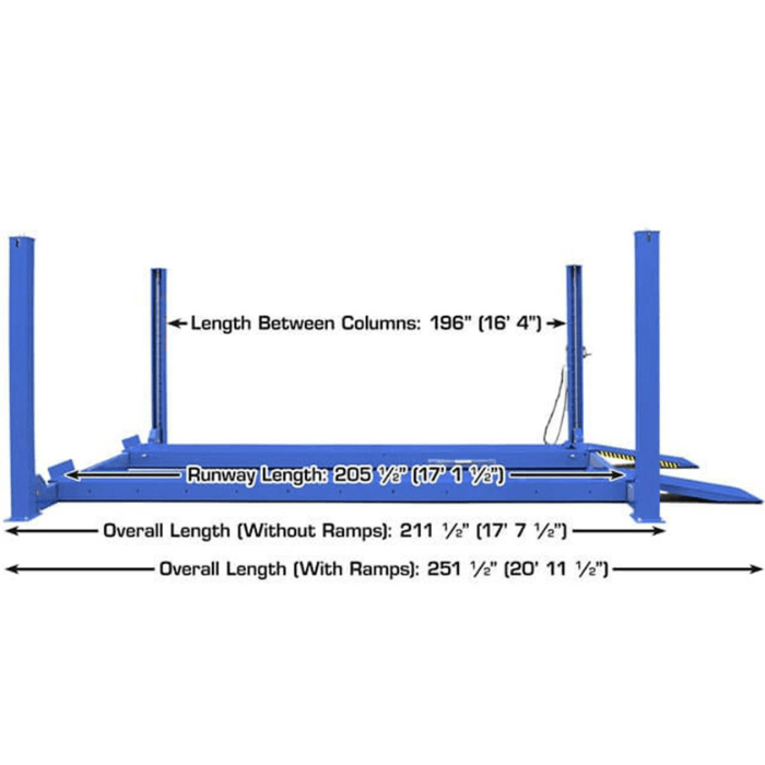 Detailed side-view of the Atlas PVL14 four-post lift highlights its extended runway and total length—ideal for verifying fit before installation.