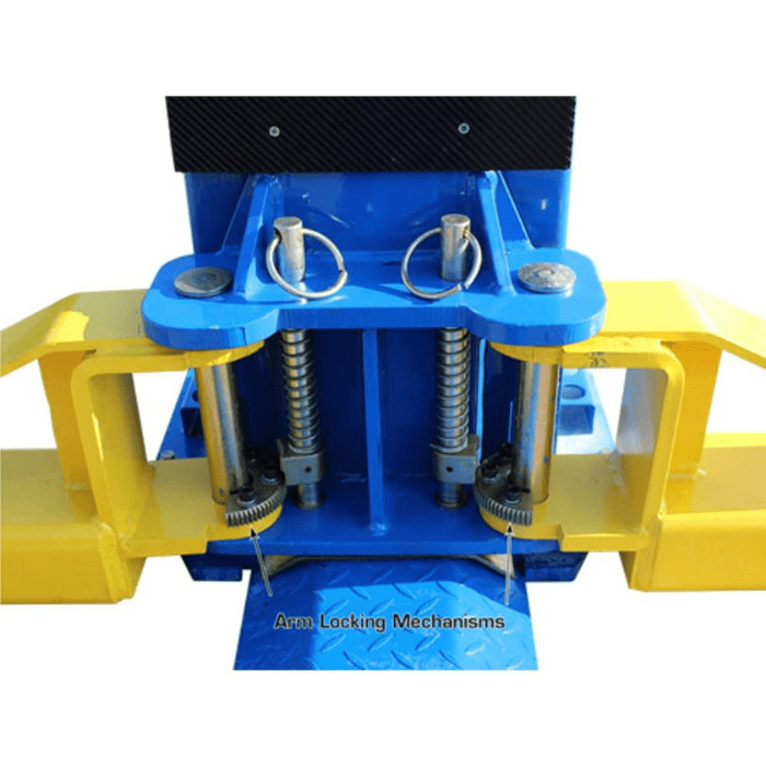 Detailed view of the Atlas BP12000X’s arm locking mechanisms, engineered for secure engagement and precise positioning during vehicle lifting.