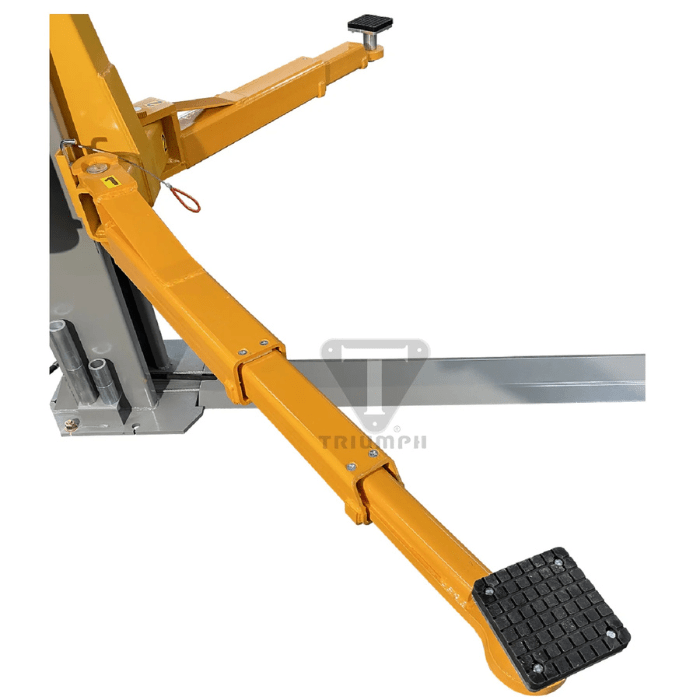 Detailed view of the Triumph NT-11 Two-Post Auto Lift’s adjustable lifting arm with textured rubber pad, designed for secure contact and enhanced vehicle stability during service.