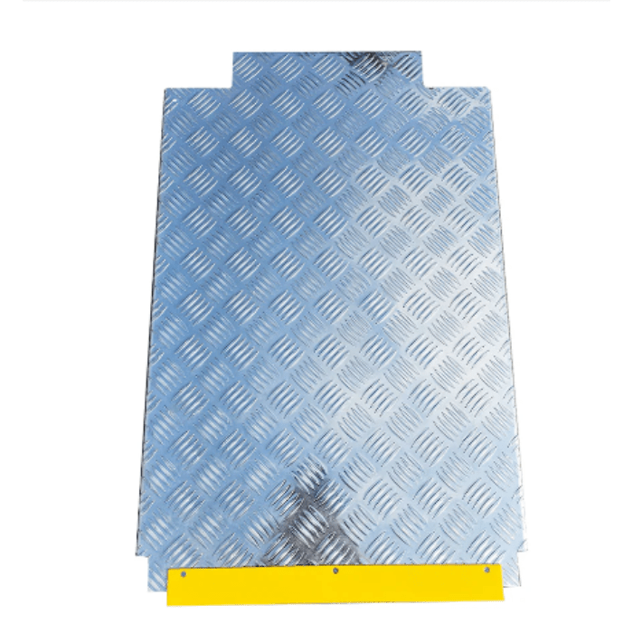 Diamond-plate steel ramp with yellow edge for Katool KT-4H950 4 post storage lift.