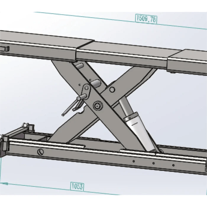 Dimension diagram of the Katool KT-RJ50 Bridge Jack showcasing its scissor-lift mechanism and hydraulic cylinder for auxiliary vehicle lifting.