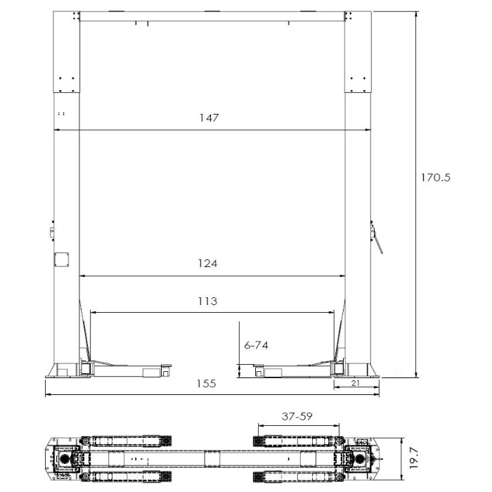 Dimensional blueprint of the Triumph NTO-20S 2 Post Lift, detailing column height, arm reach, overall width, and baseplate measurements for precise shop layout planning.