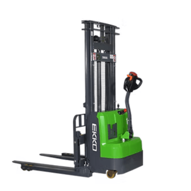 Ekko EB14C-118Li powered straddle stacker shown with extended mast