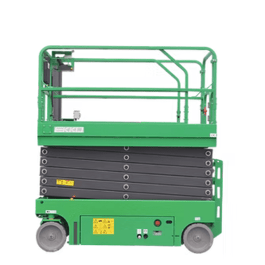 Ekko ES100E-Li electric scissor lift in transport mode with folded guardrails and lithium power pack