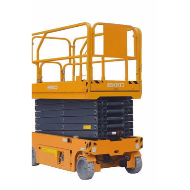 Ekko ES120E electric scissor lift stowed and ready to drive with guardrails locked upright