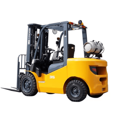 Ekko Lifts EK35LP LPG forklift with 7,000 lb capacity and dual propane tanks, shown in yellow with pneumatic tires