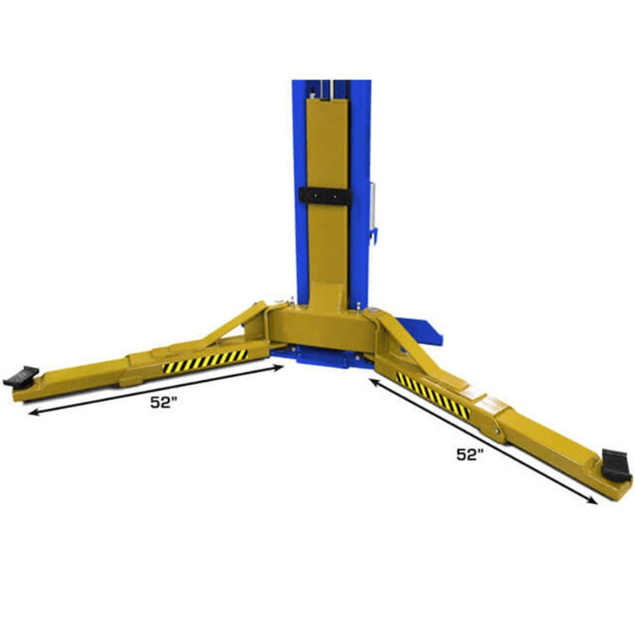 Extended arms of the Atlas PVL15 2-post lift shown fully retracted, emphasizing heavy-duty construction and precise arm reach for large vehicle support.