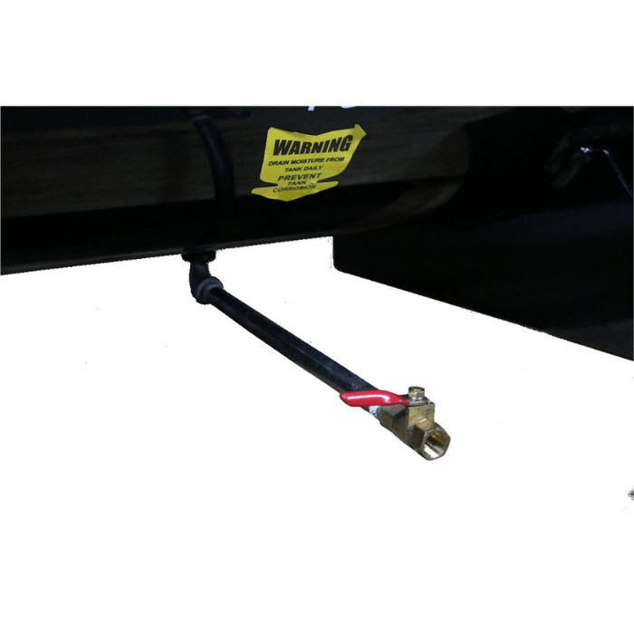 Extended drain valve line on the Atlas AF9G 9HP Air Compressor with corrosion warning label and easy-access shutoff design.