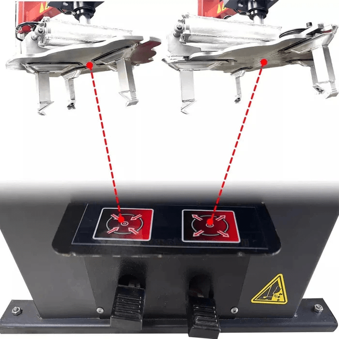 Foot pedal controls of the Katool KT-RPM80 Professional Rim Polishing Machine with directional control indicators for rim rotation.