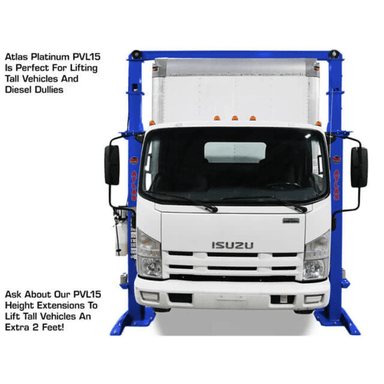 Front-facing view of the Atlas PVL15 lifting a tall box truck, demonstrating its extended column height and capability to handle oversized diesel and fleet vehicles.