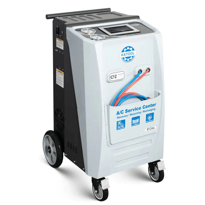 Front angled view of the Katool R-134A Dual A-C Machine – Fully Automatic Recovery, Recycle & Recharge (KT-AC1800) with gauges, touchscreen, and dual service hoses.