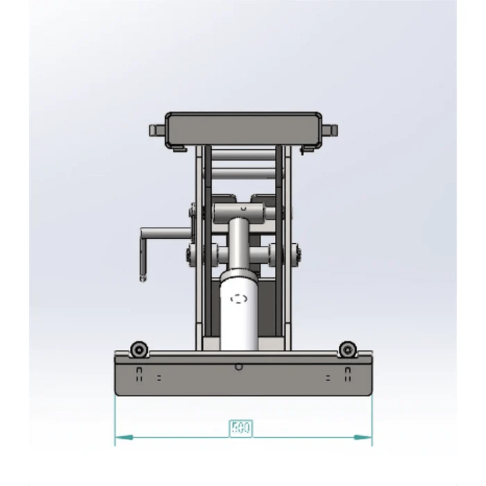 Front dimension diagram of the Katool KT-RJ50 Bridge Jack, showing its width measurement and scissor-lift configuration for precise fit on four-post lifts.