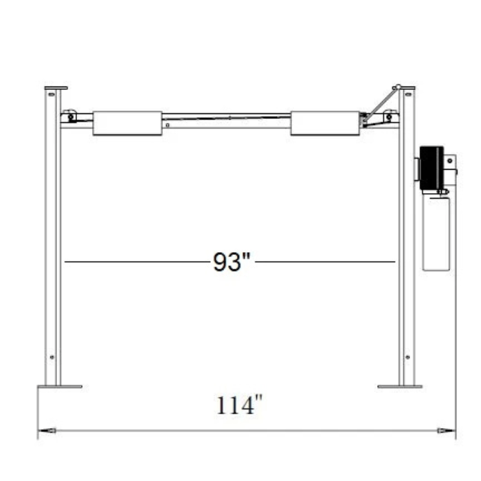 Front dimension diagram of the Triumph NSS-8 Classic Four-Post Auto Lift, showing a 93-inch interior width between columns and a 114-inch overall width for proper setup.