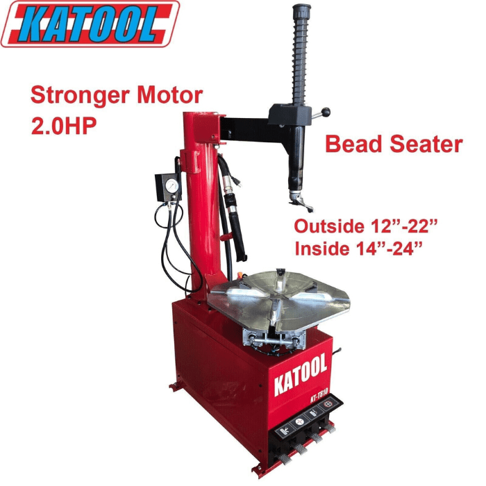 Front left side of the Katool KT-T810 Tire Changer with different specs