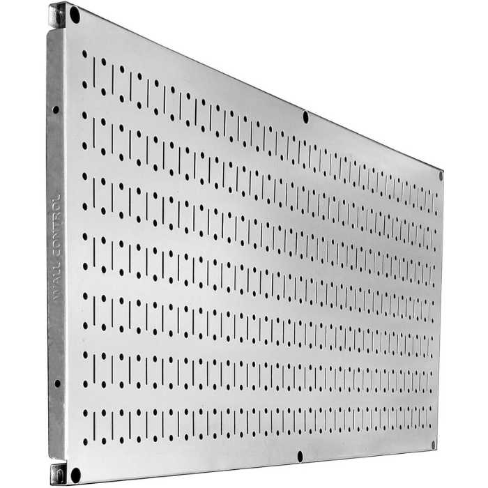 Front left side view of the metallic variant of the 16in x 32in Horizontal Metal Pegboard