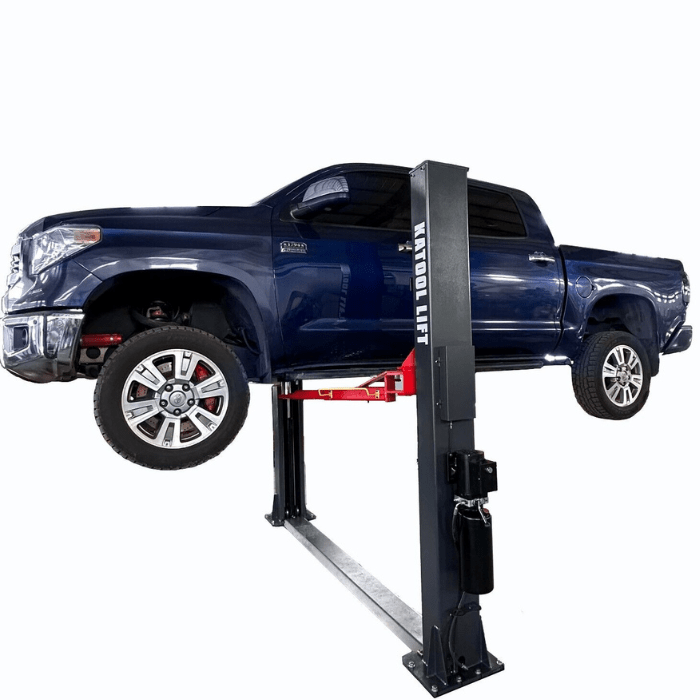 Front right side view of the Katool 12,000 lb Two-Post Auto Lift – Single Lock Release  H120D holding a truck