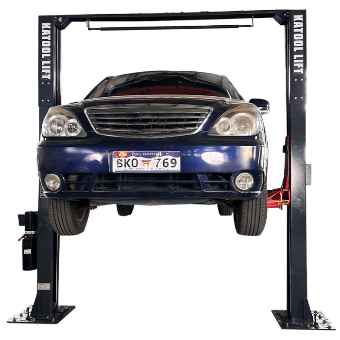 Front side view of the 2 Post Car Lift by Katool holding a car