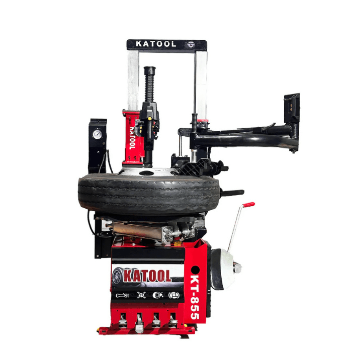 Front side view of the KT-855 Auto Tire Changer & Vertical Tire Press Machine by Katool