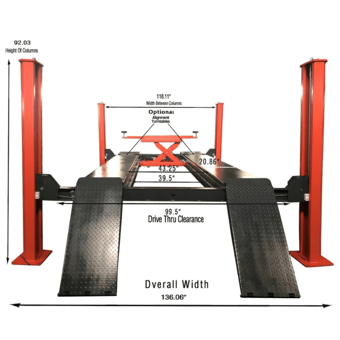 Front view of the 4H150 automotive lift by Katool with width and clearance specs
