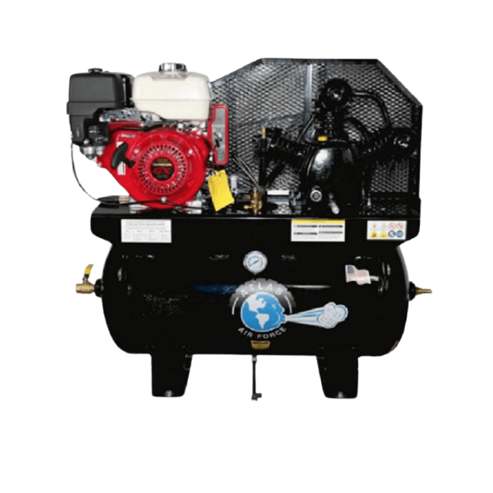 Front view of the Atlas Equipment Air Force Gas 9HP 30 Gallon Air Compressor (AF9G) featuring a Honda GX engine and twin-cylinder pump with protective cage.
