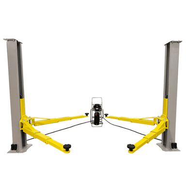 Front view of the C7000 Portable Two Post Car Lift showing its freestanding columns, adjustable yellow lift arms, and center-mounted power unit for easy mobility and access.