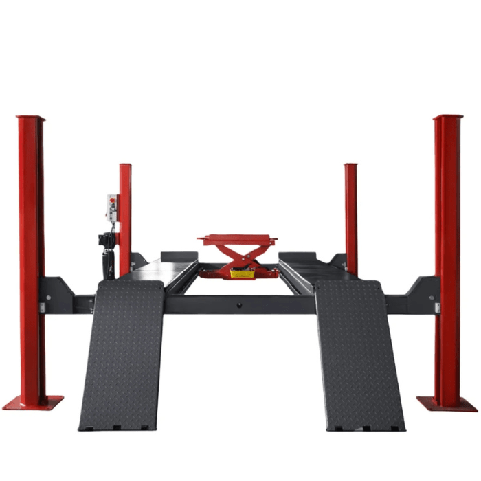 Front view of the Katool 4H150 four-post lift with ramps and rolling jack tray