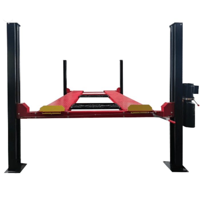 Front view of the Katool KT-4H950 4 post car lift with diamond-plate platforms and power column.