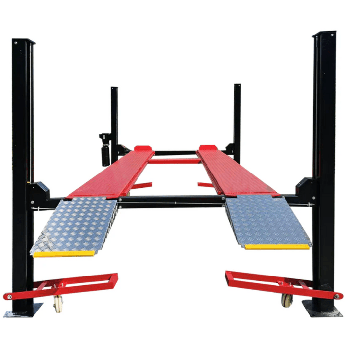 Front view of the Katool KT-4H950 9,500 lb 4 post lift with diamond-plate ramps and red platforms.