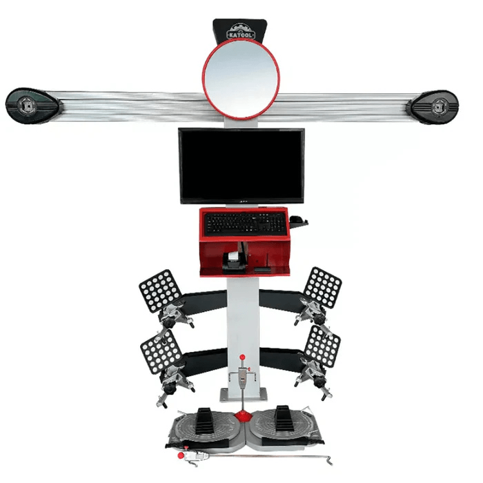 Front view of the Katool KT-AV533 3D Wheel Alignment Machine featuring a crossbeam with dual cameras, a central monitor, reflective targets, and two turntables for precise wheel measurements.