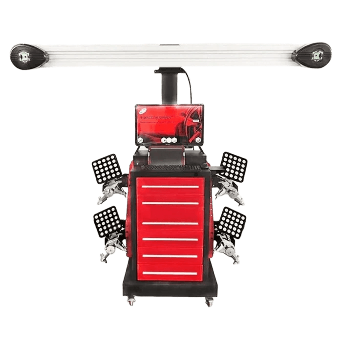 Front view of the Katool KT-AV651 alignment machine with a crossbeam camera system, red storage cabinet, and four reflective targets for precise wheel measurements on 2-post or scissor lifts.