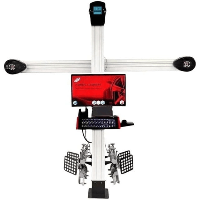 Front view of the Katool KT-AV6 Wheel Alignment Machine featuring a crossbeam design, integrated monitor, and four reflectors for accurate alignment on 2-post or scissor lifts.