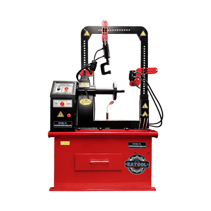 Front view of the Katool KT-WL70 Rim Straightening Machine featuring a robust red base, adjustable arm mechanisms, and control panel for efficient wheel repair.