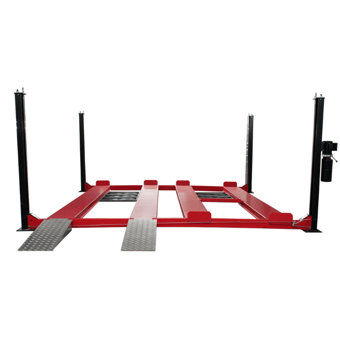 Front view of the Triumph NSS9000 9,000 lb Four Post – Double Parking Lift featuring red runways, black columns, and diamond-plate approach ramps.