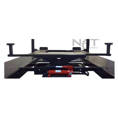 Front view of the Triumph SJ35 Rolling Bridge Jack positioned on a four-post lift, featuring a red hydraulic cylinder and adjustable lift pads.