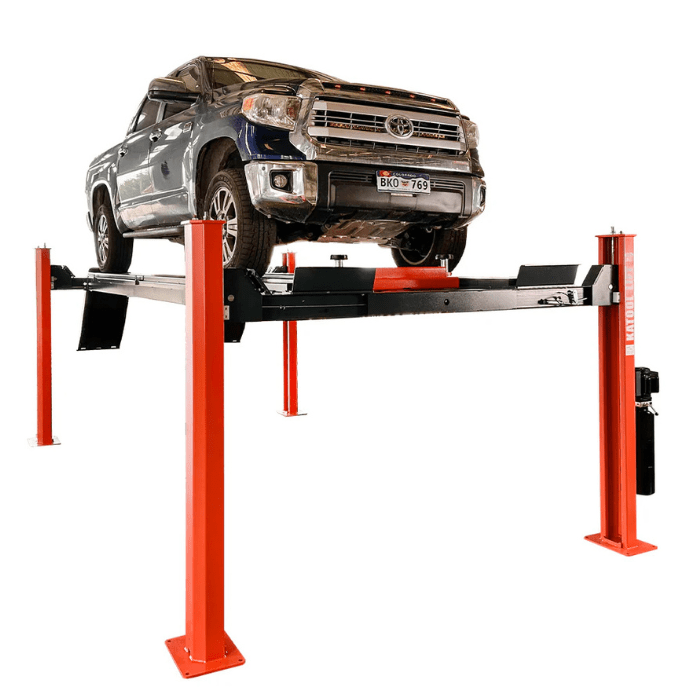 Full-size pickup raised on the 4H150 four-post lift by Katool