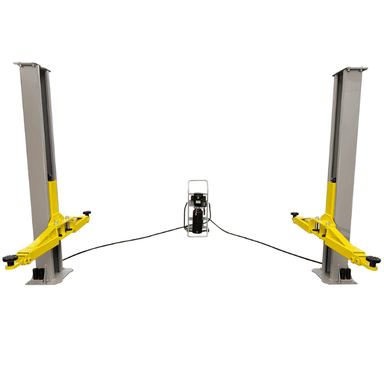 Full front view of the Triumph C7000 7,000 lb Portable Two-Post Car Lift featuring dual yellow lifting arms and a mobile hydraulic power unit connected by long cables.