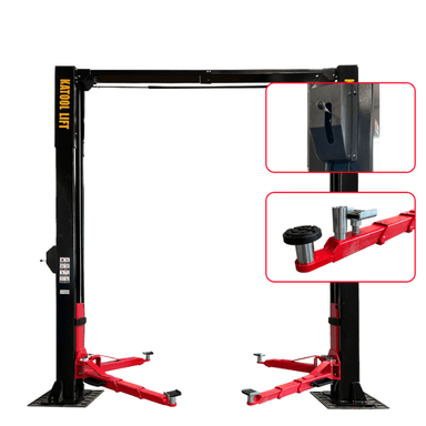 Graphic highlighting 15,000 lb capacity, single-point lock release, and height adapters on the KT-M150D heavy-duty two post lift.