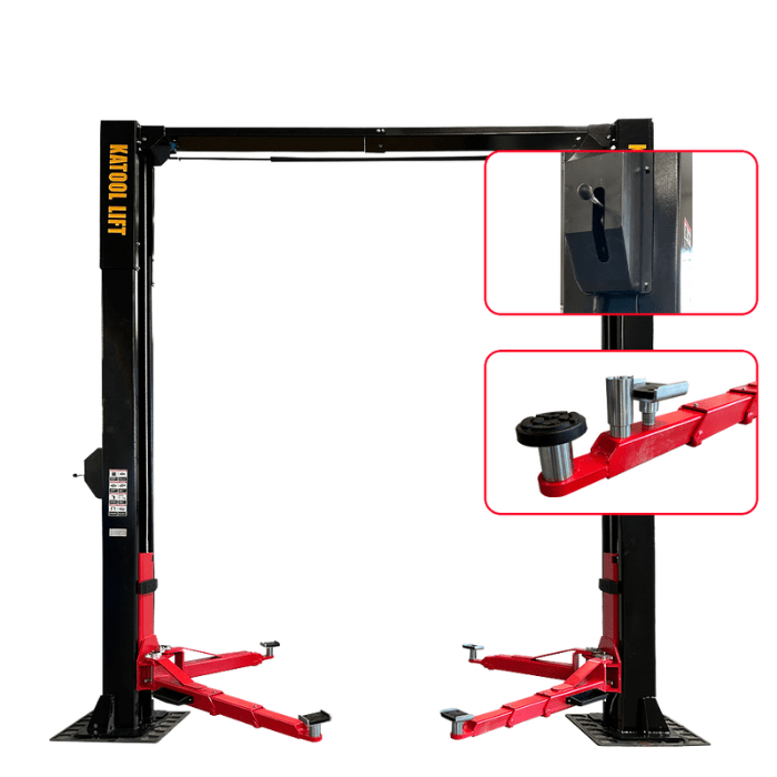 Graphic highlighting 15,000 lb capacity, single-point lock release, and height adapters on the KT-M150D heavy-duty two post lift.