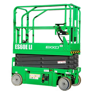 Green ES60E-Li scissor lift in transport mode, highlighting compact footprint and integrated lithium power pack