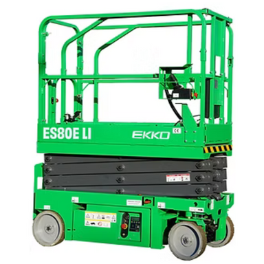 Green ES80E-Li scissor lift in stowed position showing integrated lithium power pack and drive wheels