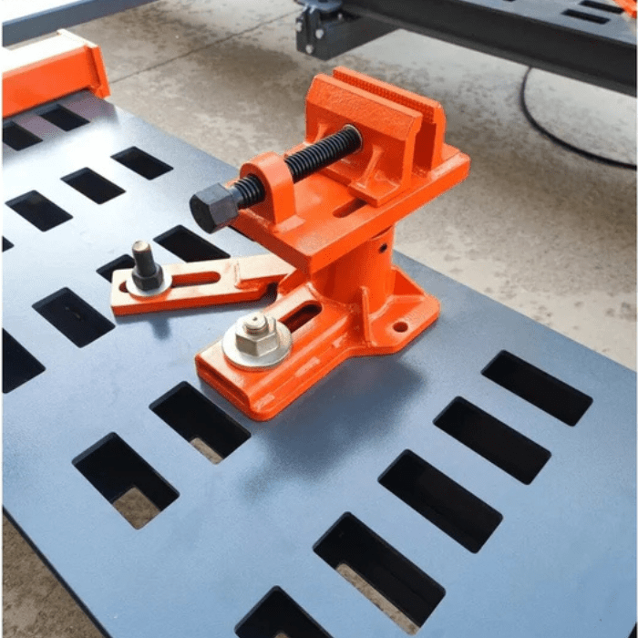 Heavy-duty clamping system on the Katool KT-299U Auto Body Frame Machine with adjustable mounting slots
