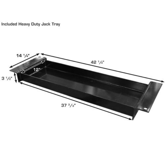 Heavy-duty jack tray included with the Atlas PRO8000EXT, offering a 42-inch length and deep recessed design for safe, secure positioning of bottle jacks or tools between runways.