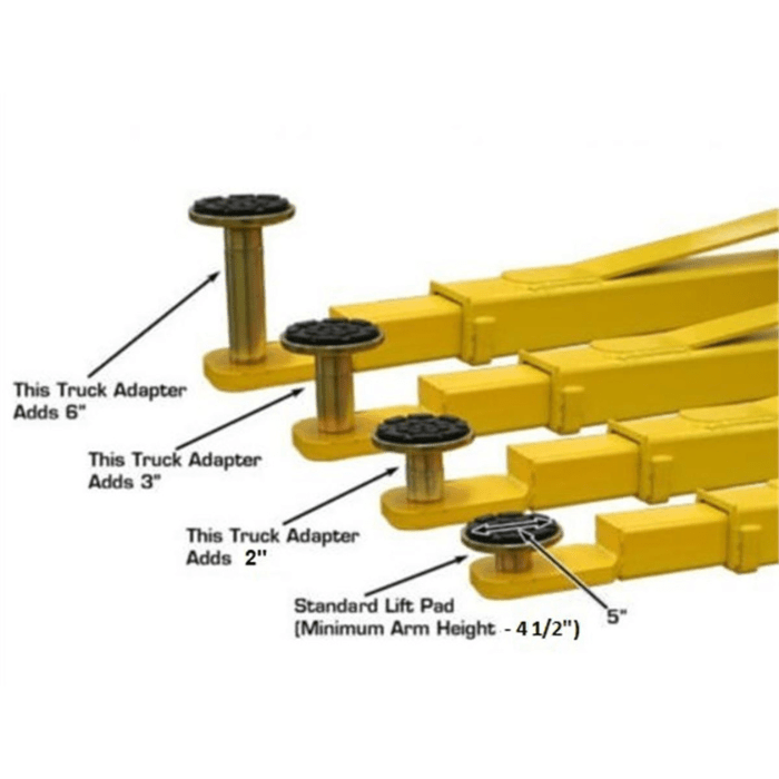 Height range of the Atlas OHX10000X lift shown with included truck adapters and standard lift pads, illustrating optional extensions for different vehicle clearance needs.