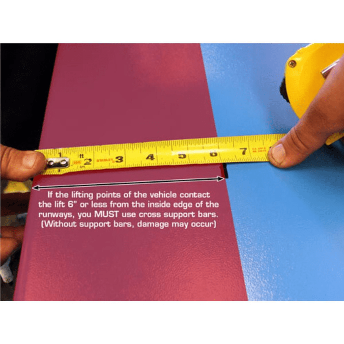 If the vehicle's lifting points are within 6 of the runway’s inside edge, cross support bars are required to prevent platform damage and ensure proper load distribution.